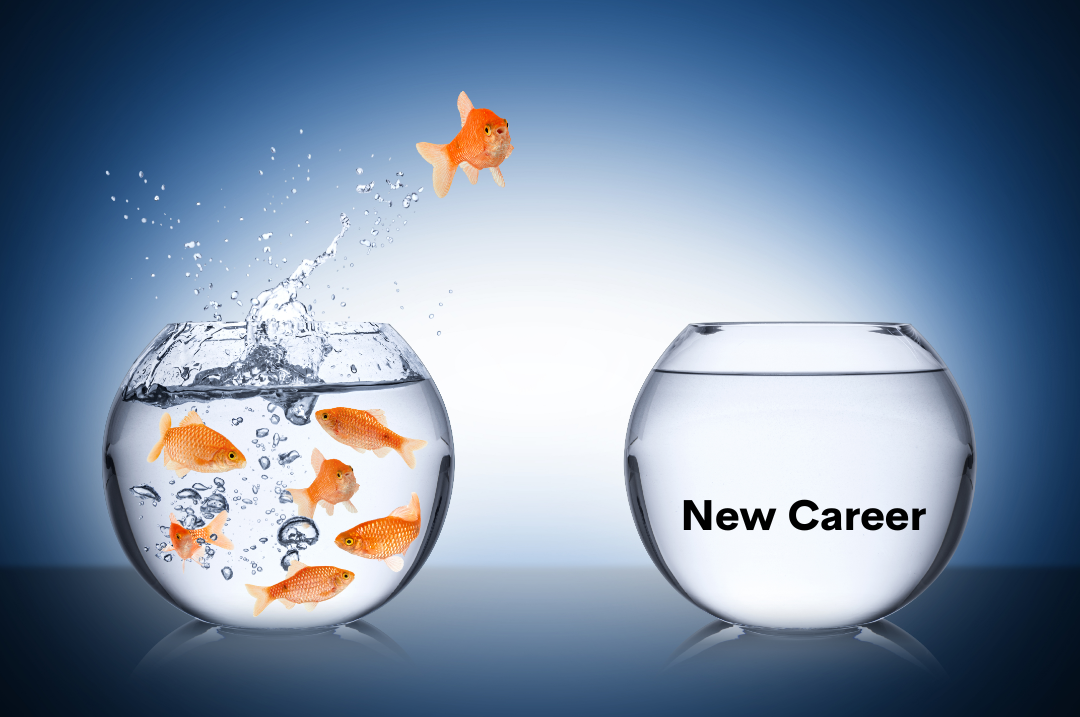 New career, career change, fish jumping out of water in a new bowl labelled new career